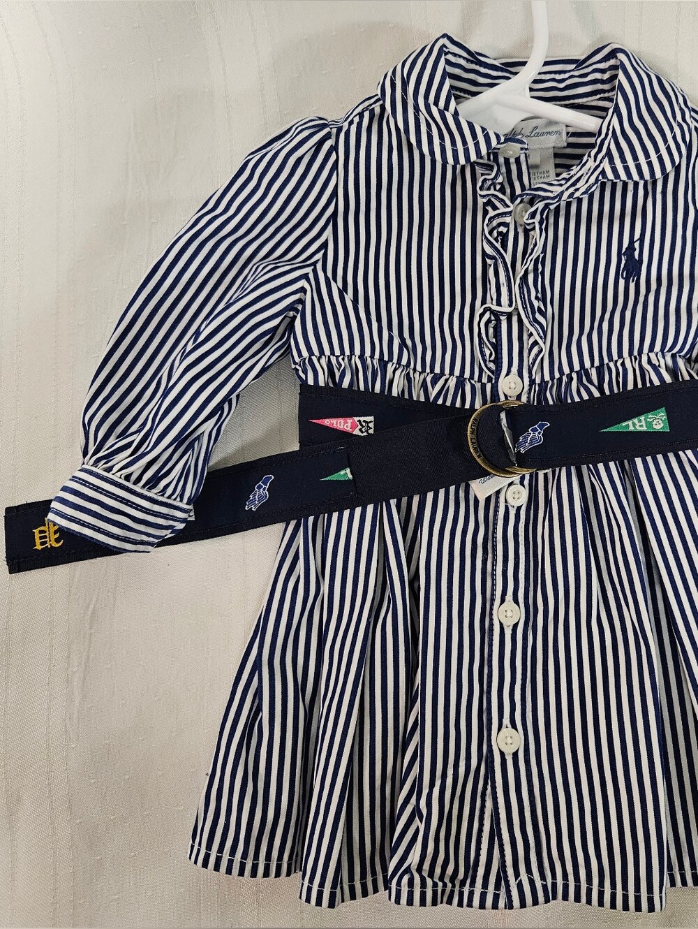 Navy & White Striped Button-Front Dress with Embroidered Logo